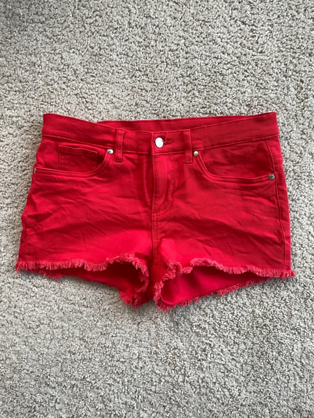 VENUS Bright Red Mid Rise - Low Rise Frayed Denim Jean Shorts Size 8 (or size 6)
